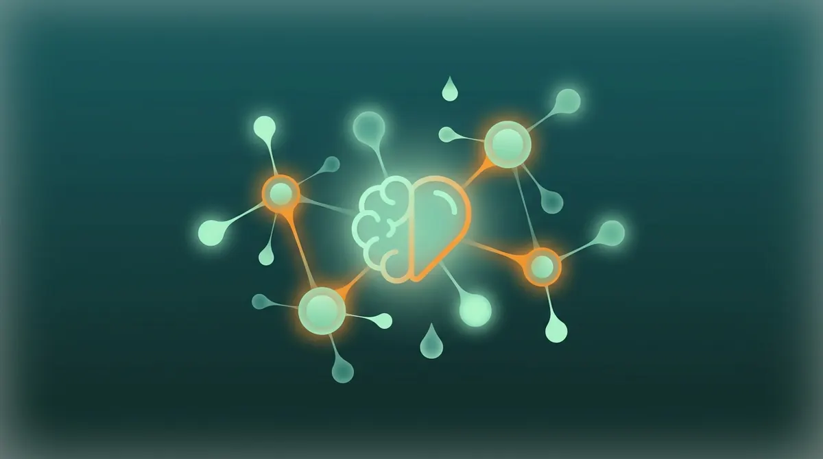 Glowing connected droplets around a brain and heart, representing an app that learns your habits
